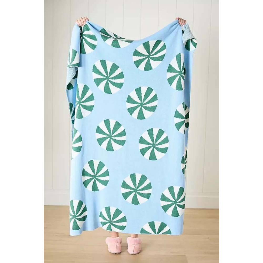 Anthropologie Throw Blanket Bonnie Jacquard 50x60 Blue Peppermint‎ Holiday Knit